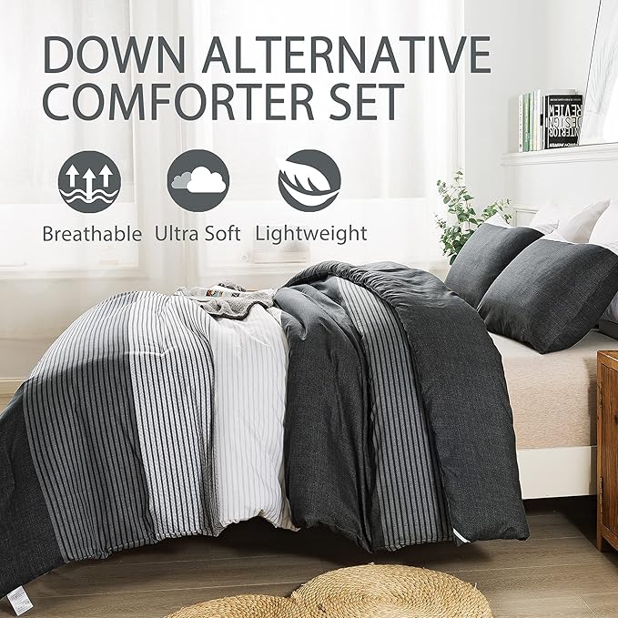 Andency Queen Comforter Set Black,3 Pieces Black White Gray Patchwork Striped Comforter (90x90 Inch), Soft Microfiber Down Alternative Queen Comforter Bedding Sets with Corner Loops