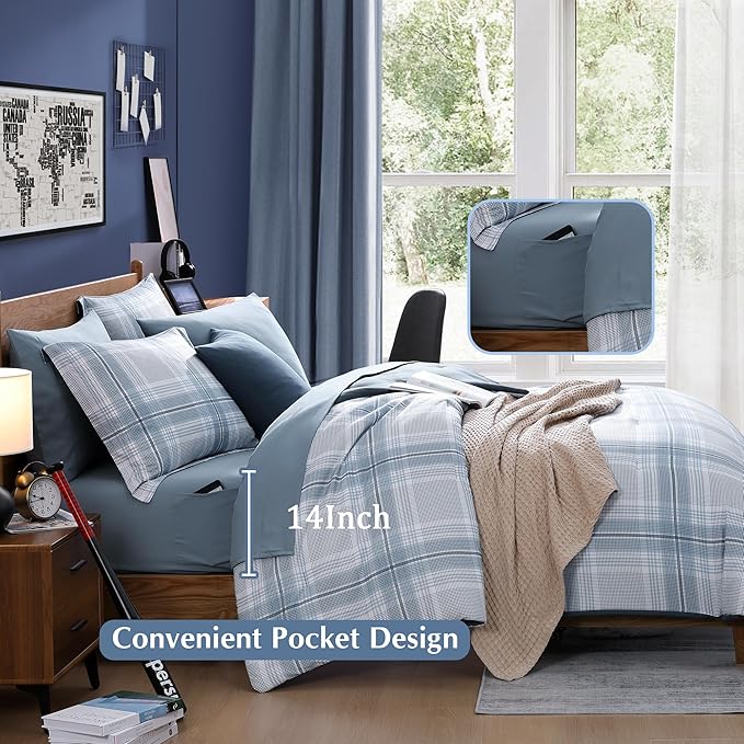 Light Blue Twin Bed Set, Plaid Twin XL Comforter Set for Boys & Girls,Classic Homestead-style Twin Comforter Set with Sheets and Comforter Set