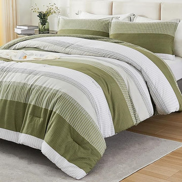 Litanika Olive Green Comforter Set Queen - 3 Pieces Lightweight Olive Green White Colorblock Stripe Fluffy Bedding Comforter Sets, All Season Bed Set