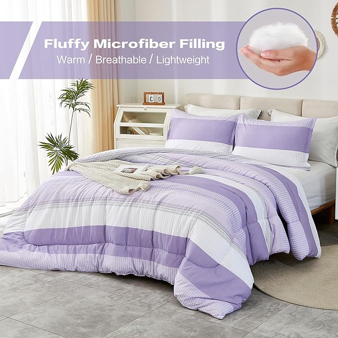 Litanika Lavender Comforter Set Twin/Twin XL - 2 Pieces Lightweight Lavender Purple White Colorblock Stripe Fluffy Bedding Comforter Sets, All Season Bed Set