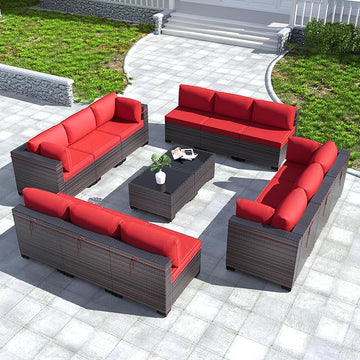 Kullavik 14PCS Outdoor Patio Furniture Set PE Wicker Rattan Sectional Sofa Patio Conversation Sets,Red