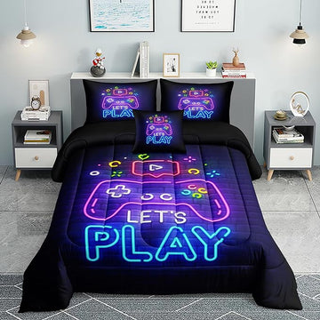 Gamer Comforter Sets Queen,Purple Gaming Bedding Sets for Boys,Gaming Comforter Set,Queen Size Bedding Sets for Boys,Bed in A Bag with Sheets(Queen,Purple Color)