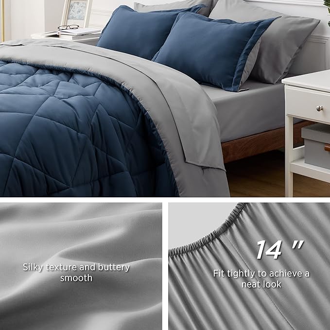 Bedsure Navy Comforter Set King - 7 Pieces Reversible King Navy Bed in a Bag, Bed Sets King with Comforters, Sheets, Pillowcases & Shams, Navy King Bedding Set