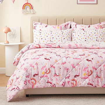 Twin Unicorn Kids Bedding Set for Girls, 7 Pieces Super Soft Lightweight Microfiber Comforter Set with Sheets, Bed in a Bag, Durable Children Bed Set