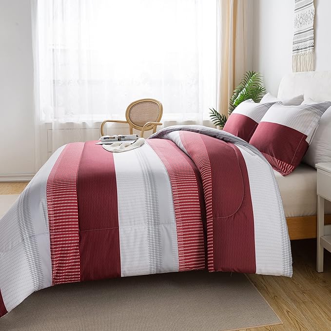 Litanika Red Comforter Set Full, 3 Pieces Boy Men Women Girls Christmas Comforter Bedding Set, Burgundy White Colorblock Stripe for Winter (79x90In Comforter & 2 Pillowcases)