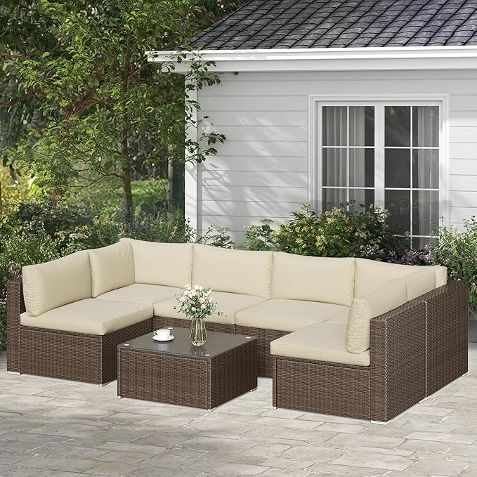 SUNVIVI OUTDOOR 7 Piece Patio Sectional Sofa Outdoor All Weather Brown PE Wicker Furniture Set, Paito Conversation Sofa Set with Glass Table, Removable Beige Cushions