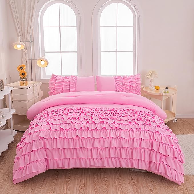 Pink Ruffle Comforter Set Twin, Girls Comforter Set Twin, Princess Comforter Set Twin, Pink Twin Bed Set for Girls, Kids Teen Girls Bedding Sets with 2 Pillowcases