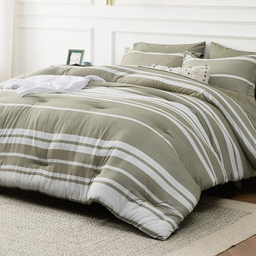 Bedsure Bed in a Bag Twin Size 5 Pieces, Olive Green White Striped Bedding Comforter Sets All Season Bed Set with 1 Pillow Sham, Flat Sheet, Fitted Sheet and 1 Pillowcase