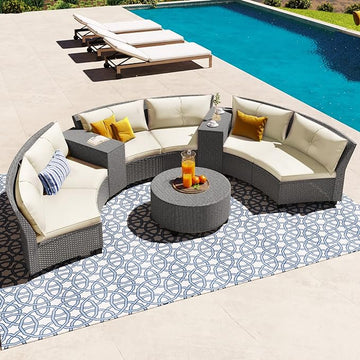 9 Pieces Outdoor Furniture Half Moon Wicker Patio Sets with Coffee Table, All-Weather Fan-Shaped Curved Sectional Sofa Couch with Beige Cushions, Onesize, Gray Rattan