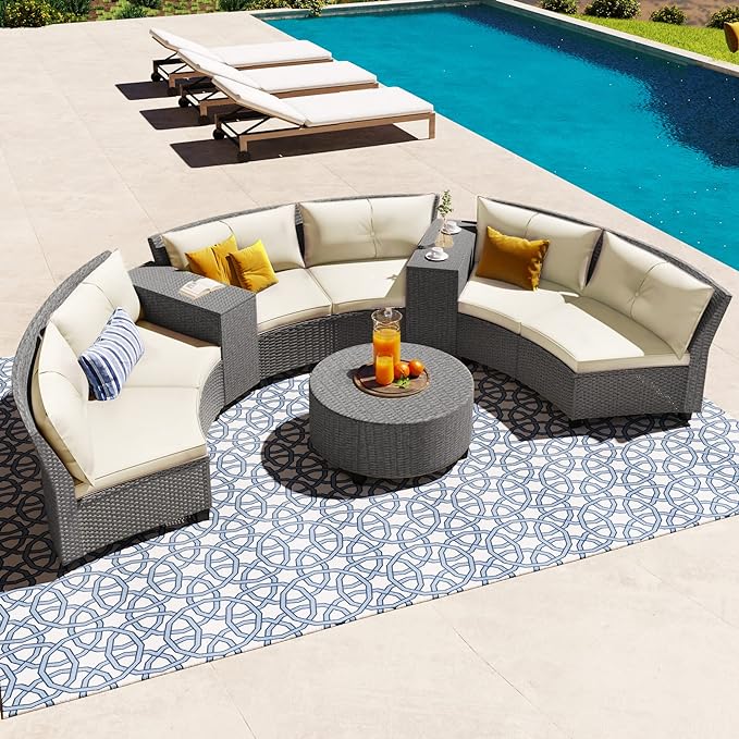 Outdoor 9 Pieces Patio Furniture Half Moon Wicker Sofa Sets, Fan-Shaped Curved Sectional Couch with Coffee Table&Beige Cushions, 1, Gray Rattan