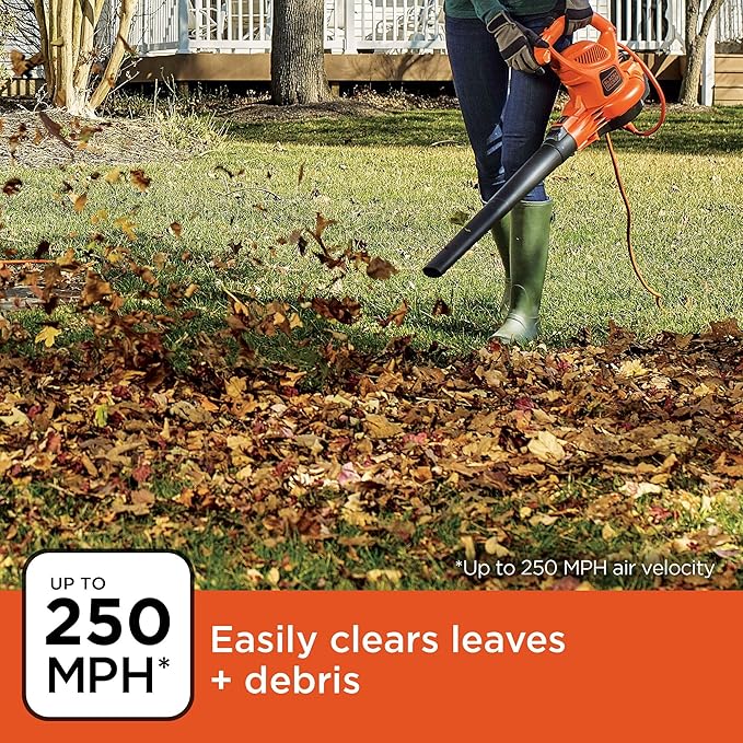 BLACK+DECKER Electric Leaf Blower, Leaf Vacuum and Mulcher 3 in 1, 250 mph Airflow, 400 cfm Delivery Power, Reusable Bag Included, Corded (BEBL7000)