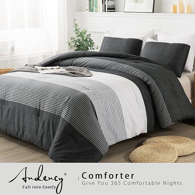 Andency Twin Comforter Set Black, 2 Pieces Black White and Gray Patchwork Striped Comforter(66x90 Inch), Soft Microfiber Down Alternative Twin Comforter Bedding Sets with Corner Loops
