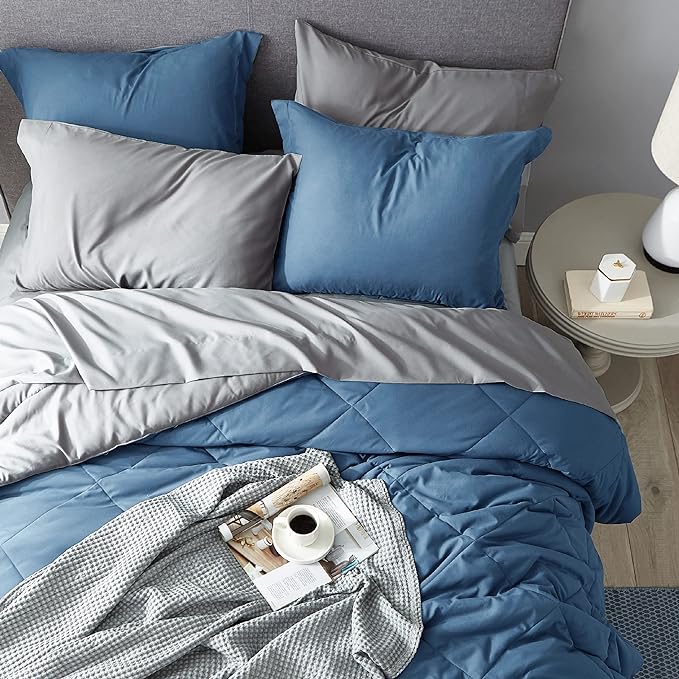 Bedsure Blue Twin Comforter Set - 5 Pieces Reversible Blue Bedding Set Twin, Blue Extra Long Bed Set with Comforters, Sheets, Pillowcase & Sham