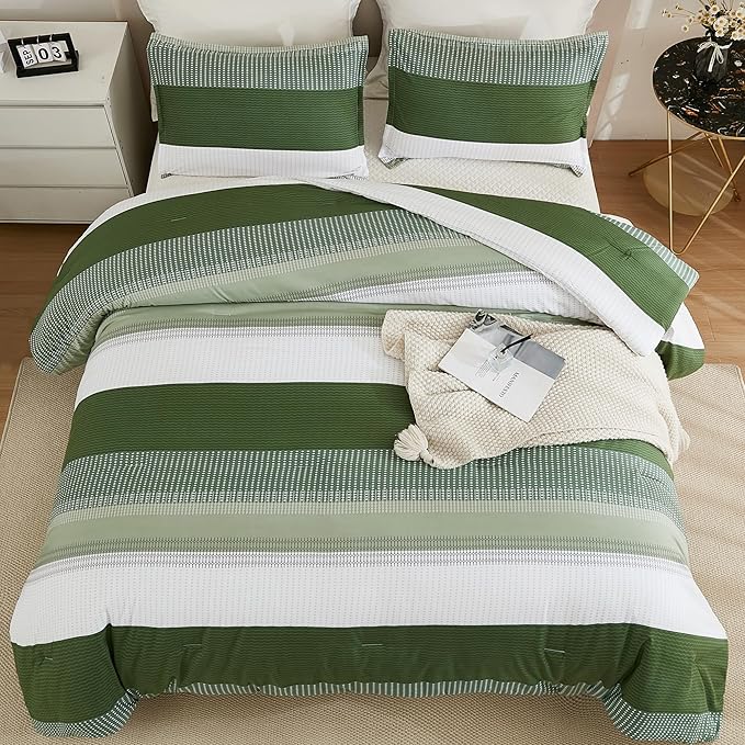 Litanika Olive Green Comforter Set Full - 3 Pieces Lightweight Olive Green White Colorblock Stripe Fluffy Bedding Comforter Sets, All Season Bed Set