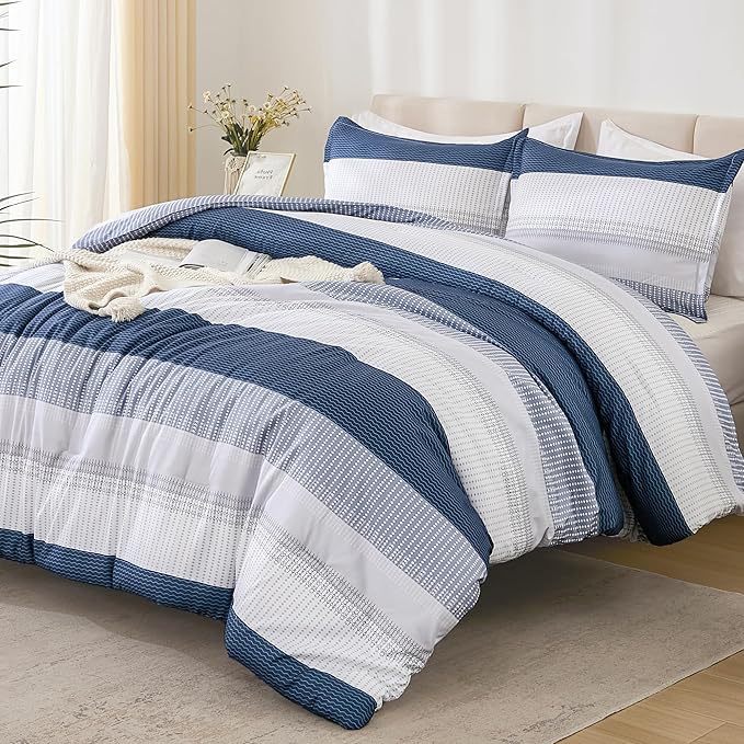 Litanika Mineral Blue Bed Comforter Set Twin/Twin XL Size, 2 Pieces Lightweight Striped Bedding Comforter Set, Soft All Season Down Alternative Comforter (1 Comforter, 1 Pillowcase)