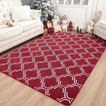 Chicrug Shag Geometric 4x6 Area Rug for Living Room, Large Modern Memory Foam Indoor Carpet, Fluffy Rug for Bedroom Bedside Room Decor for Family Girls Kids Nursery, Wine Red/White
