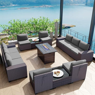Kullavik 13 Pieces Outdoor Patio Furniture Set with 43" 55000BTU Gas Propane Fire Pit Table PE Wicker Rattan Sectional Sofa Patio Conversation Sets,Grey