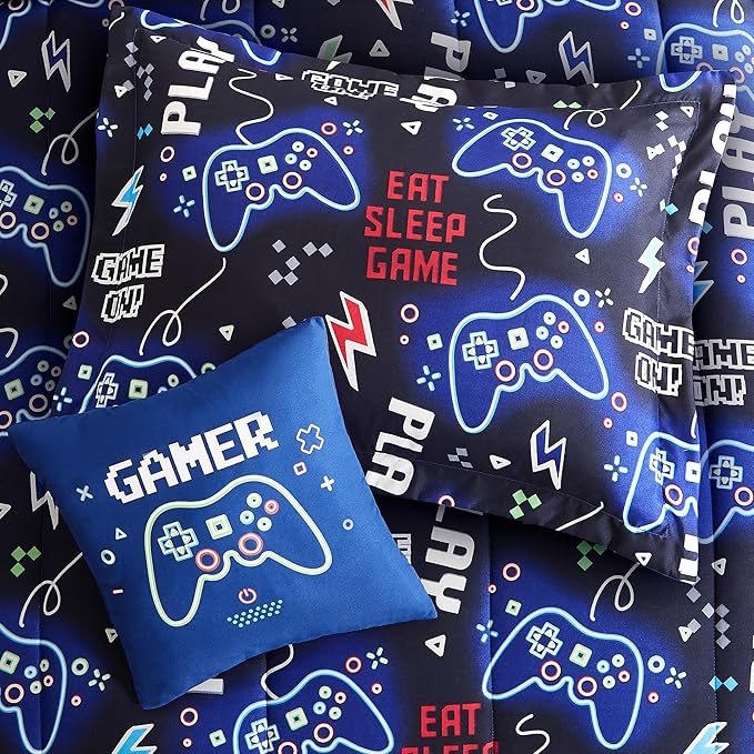 Kids Comforter Set Twin Size for Boys, Glow in The Dark Black Gamer Bedding Set Twin-1 Twin Comforter, 1 Decor Pillow, 1 Pillow Sham