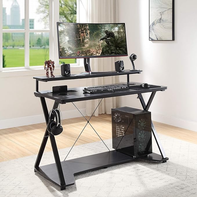 OSP Home Furnishings Checkpoint Ghost Battlestation Gaming Desk with RGB LED Lights, Black