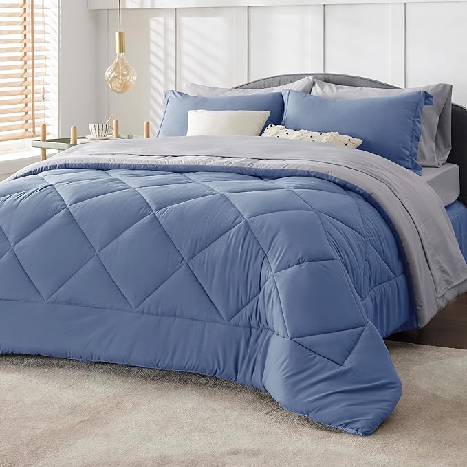 Bedsure Infinity Blue King Size Comforter Set - 7 Pieces Reversible King Bed in a Bag, King Bed Set Infinity Blue and Grey with Comforters, Sheets, Pillowcases & Shams