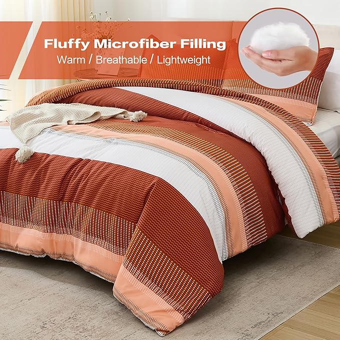 Litanika Burnt Orange Comforter Sets for Queen Bed, 3 Pieces Boho Terracotta Stripe Colorblock Bedding Comforter Set, Rust Fluffy Bed Set (90x90In Comforter, 2 Pillowcases)