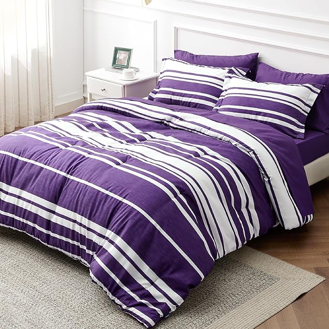 Bedsure Bed in a Bag King Size 7-Piece Purple White Striped Bedding Comforter Sets All Season Bed Set, 2 Pillow Shams, Flat Sheet, Fitted Sheet and 2 Pillowcases