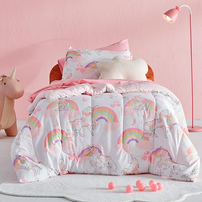 SLEEP ZONE Kids Twin Bedding Comforter Set - Super Cute & Soft Kids Bedding 5 Pieces Set with Comforter, Sheet, Pillowcase & Sham (Pink Unicorn)