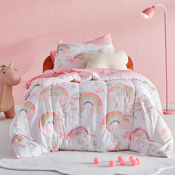 SLEEP ZONE Kids Unicorn Bedding Twin Comforter Set - Super Soft & Cute Printed 2-Piece Comforter Set All Seasons for Girls, Fade Resistant, Machine Washable, Pink Unicorn