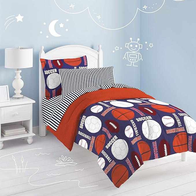 dream FACTORY Kids 5-Piece Complete Set Easy-Wash Super Soft Microfiber Comforter Bedding, Twin, Age range (3 to 10 Years), Navy All Sports