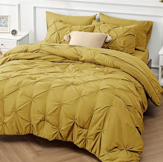 Bedsure Mustard Yellow King Size Comforter Set - Bedding Set King 7 Pieces, Pintuck Bed in a Bag Green Bed Set with Comforter, Sheets, Pillowcases & Shams