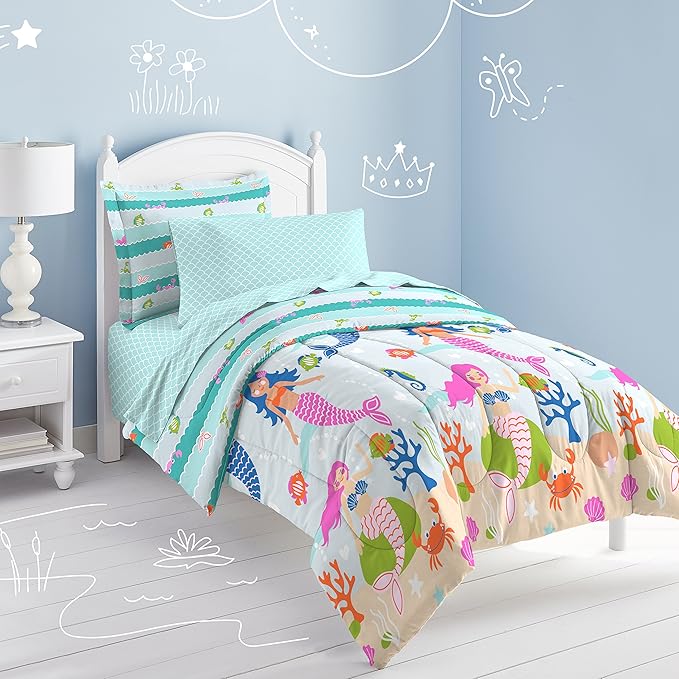 dream FACTORY Kids 7-Piece Complete Set Easy-Wash Super Soft Microfiber Comforter Bedding, Full, Light Blue Mermaid Dreams