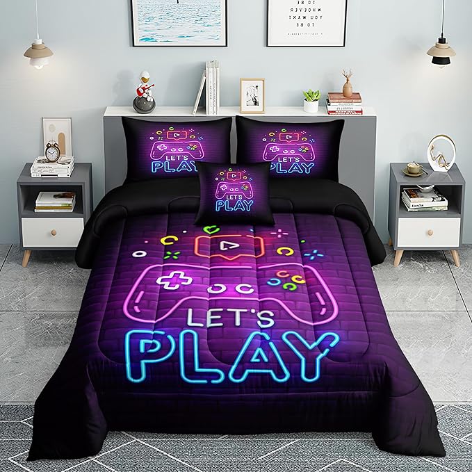 6 PCS Gamer Bedding Sets,Gaming Comforter Set for Boys,Kids Bedding Sets for Boys,Full Size Bedding Sets for Boys,Bed in A Bag with Sheets(Full,Pink Color)