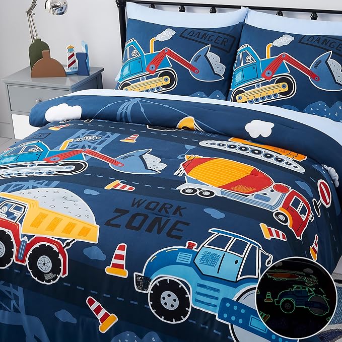 Truck Tractor Excavator Full Size Comforter Sets - Bedding Sets Full 7 Pieces for Boys, Glow in The Dark Bed in A Bag Full Size for Kids, Teens