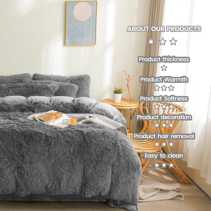 FOPPA Dark grey fluffy Comforter Cover Set king- Ultra Soft fluffy Dark grey Bedding Sets 3 Pieces (1 Duvet Cover + 2 Pillow case) Dark grey fluffy bed set (Dark Grey, King)