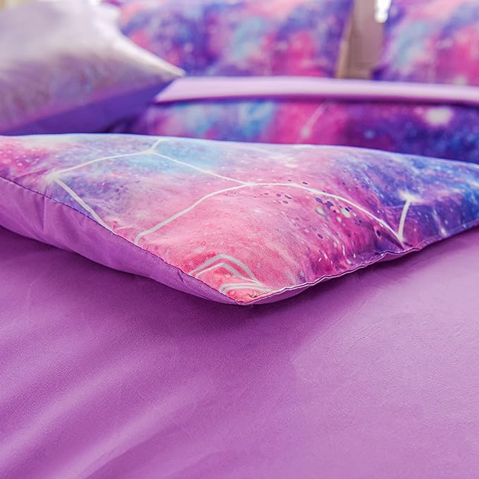 Btargot Lightweight Microfiber 6 Piece Comforter Set, Tie Dye Galaxy Constellation Pattern Bedding Set for Boys Girls Teen, Queen Purple