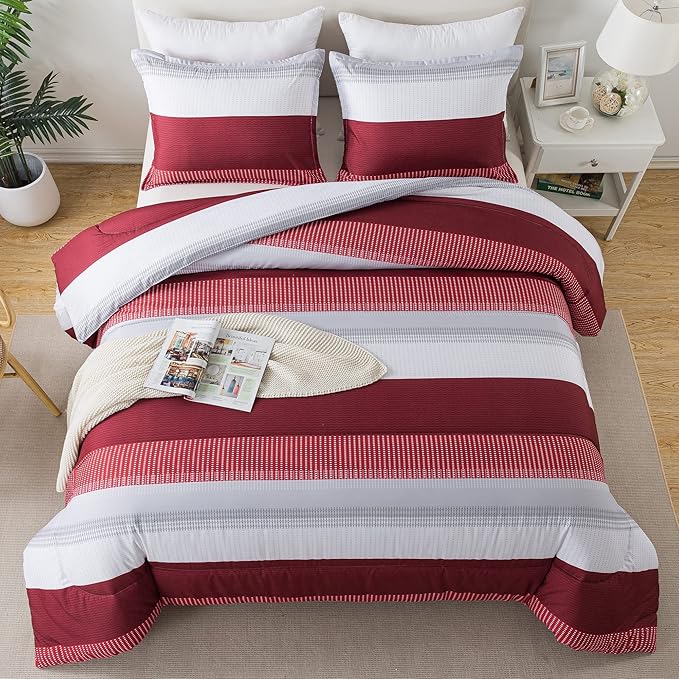 Litanika Red Comforter Set Full, 3 Pieces Boy Men Women Girls Christmas Comforter Bedding Set, Burgundy White Colorblock Stripe for Winter (79x90In Comforter & 2 Pillowcases)