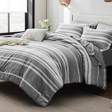 Bedsure Full Size Bed Sets 7 Pieces - Grey & White Striped Bedding All Season Comforter Set, Bed in a Bag with 1 Comforter, 2 Sheets, 2 Pillowcases & 2 Shams