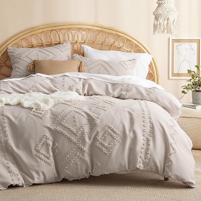 Bedsure Boho Comforter Set King - Linen Tufted Bedding Comforter Set, 3 Pieces Farmhouse Shabby Chic Embroidery Bedding Set, Soft Geometric Pattern Comforter for All Seasons