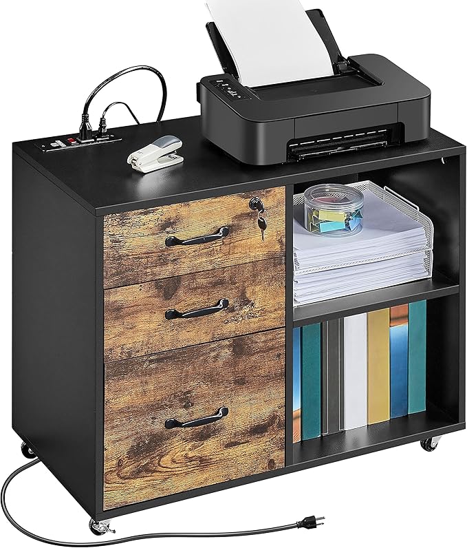 Yaheetech Filing Cabinet with Charging Station, Lateral File Cabinets Printer Stand with 3 Drawers, for Home and Office Black/Rustic Brown
