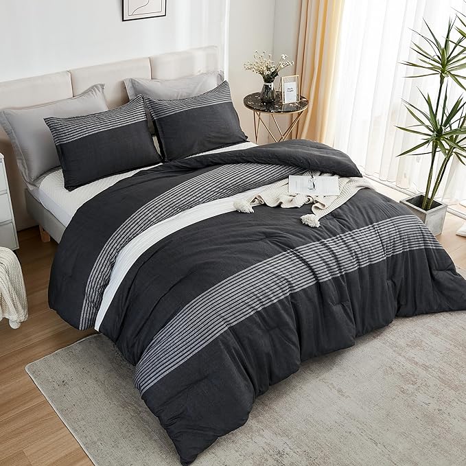 Litanika King Bed Comforter Set Black White Grey - 3 Pieces Lightweight Bedding Set, All Season Down Alternative Comforter (1 Comforter, 2 Pillowcases)
