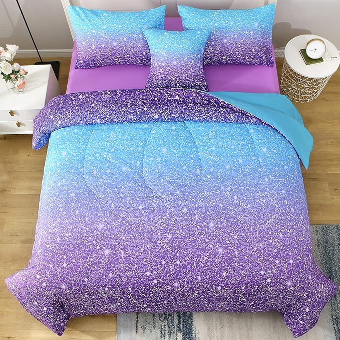 JQinHome Glitter Comforter Set Twin Size,6 Piece Bed in A Bag 3D Colorful Ombre Bedding Set for Girls kids(1 Comforter,2 Pillowcases,1 Flat Sheet,1 Fitted Sheet,1 Cushion Cover)(Blue Purple)