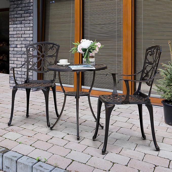 NUU GARDEN Bistro Set 3 Piece Outdoor All Weather Cast Aluminum Patio Bistro Set Patio Table and Chairs Set of 2 with Umbrella Hole for Backyard, Balcony, Front Porch, Lawn, Pool, Bronzer