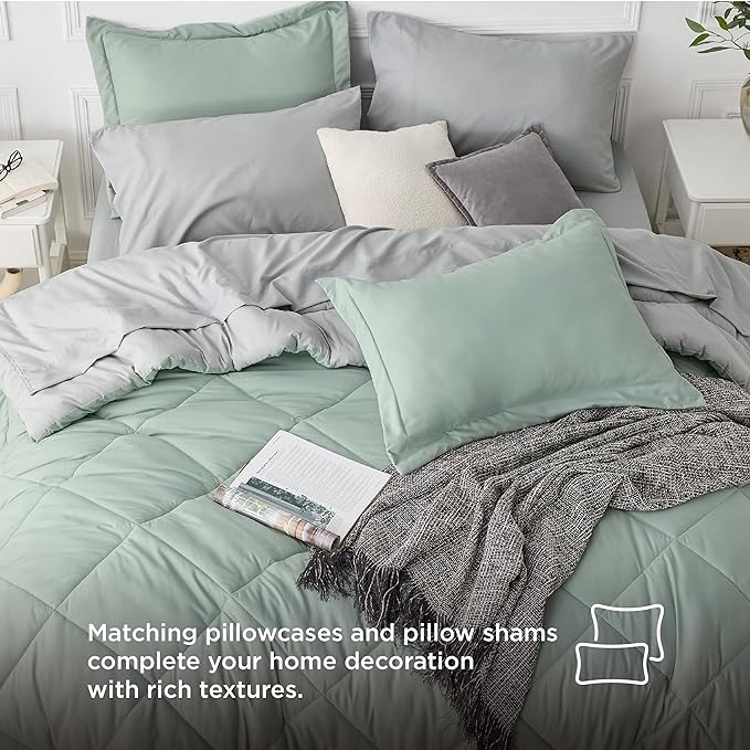Bedsure Sage Green California King Comforter Set - 7 Pieces Reversible Bed Set Bed in a Bag California King with Comforters, Sheets, Pillowcases & Shams, California King Bedding Sets
