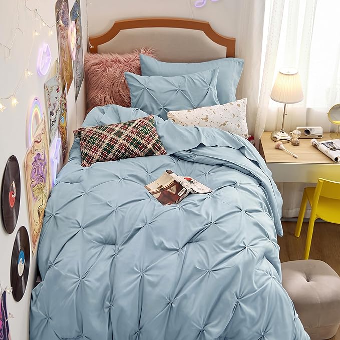 Bedsure Twin XL Comforter Set for Boys - Extra Long 5 Pieces Dorm Bedding Sets, Pinch Pleat Light Blue Bed in a Bag with Comforter, Sheets, Pillowcase & Sham