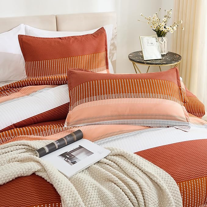 Litanika Burnt Orange California King Comforter Set - 3 Pieces Boho Terracotta Cal King Oversized Lightweight Summer Rust Colorblock Stripe Bedding Set (104x96In, 2 Pillowcases)