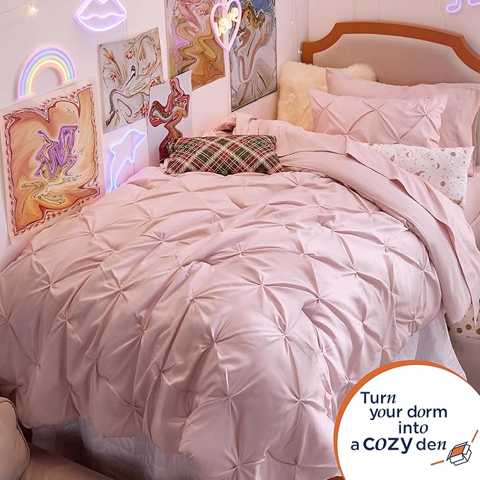 Bedsure Pink Twin Comforter Set for Girls - 5 Pieces Twin Bedding Sets, Pinch Pleat Pink Twin Bed in a Bag with Comforter, Sheets, Pillowcase & Sham