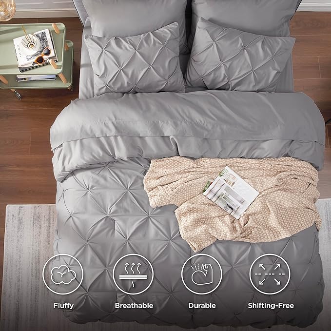 Bedsure Queen Comforter Set - Bed in a Bag Queen 7 Pieces, Pintuck Bedding Sets Grey Bed Set with Comforter, Sheets, Pillowcases & Shams