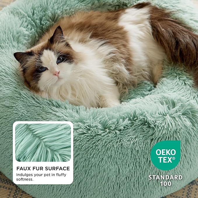 Bedsure Calming Cat Beds for Indoor Cats - Small Cat Bed Washable 20 inches, Anti-Slip Round Fluffy Plush Faux Fur Pet Bed, Fits up to 15 lbs Pets, Garden Green