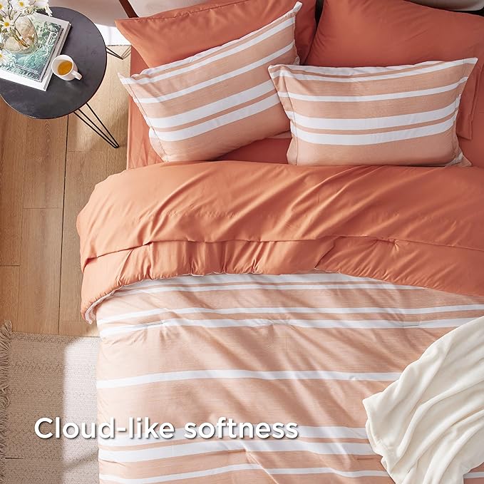 Bedsure Bed in a Bag Queen Size 7 Pieces, Burnt Orange White Striped Bedding Comforter Sets All Season Bed Set, 2 Pillow Shams, Flat Sheet, Fitted Sheet and 2 Pillowcases
