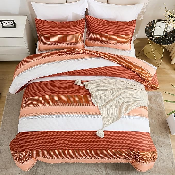 Litanika Burnt Orange Comforter Sets for Queen Bed, 3 Pieces Boho Terracotta Stripe Colorblock Bedding Comforter Set, Rust Fluffy Bed Set (90x90In Comforter, 2 Pillowcases)
